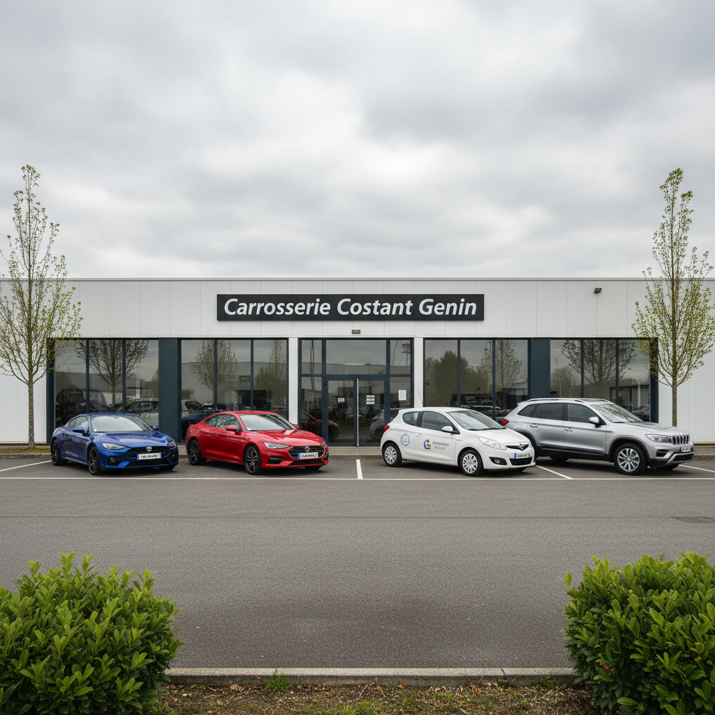 A line of three well-maintained cars in different colors parked side by side outside a modern carrosserie building with a clean facade, large glass doors, and the sign “Carrosserie Costant Genin” clearly visible above the entrance. The sky is slightly overcast, providing soft, even daylight that reduces harsh shadows and creates a calm, neutral atmosphere. A courtesy replacement vehicle, a compact white city car with subtle branding on the door, is included in the lineup to emphasize the véhicule de prêt offert. Photographic realism, captured from a wide-angle, slightly low perspective to showcase both the vehicles and the workshop front, with crisp details throughout the scene.