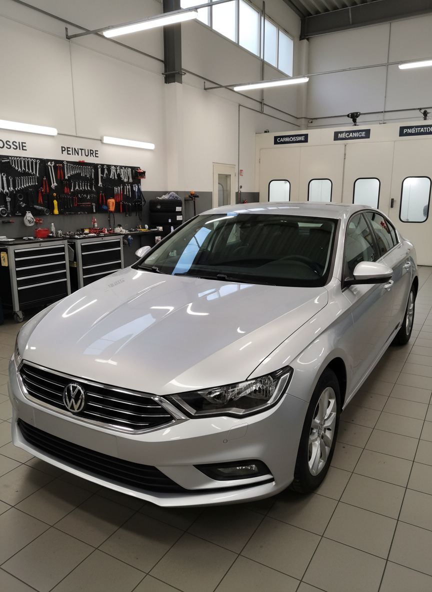 A freshly repaired metallic silver sedan with perfectly aligned body panels and flawless paintwork, parked inside a spotless, modern auto body workshop. The car’s surface reflects the organized rows of tools, spray booths, and neatly stacked tires in the background. Soft, diffused overhead lighting and daylight from high side windows create gentle highlights along the curves of the body and windshield. The mood is professional and reassuring, emphasizing precision and quality. Photographic realism, shot at eye level with a slight three-quarter angle, sharp focus on the vehicle, and a subtly blurred workshop background, conveying expertise in carrosserie, peinture, mécanique, and pneumatiques.