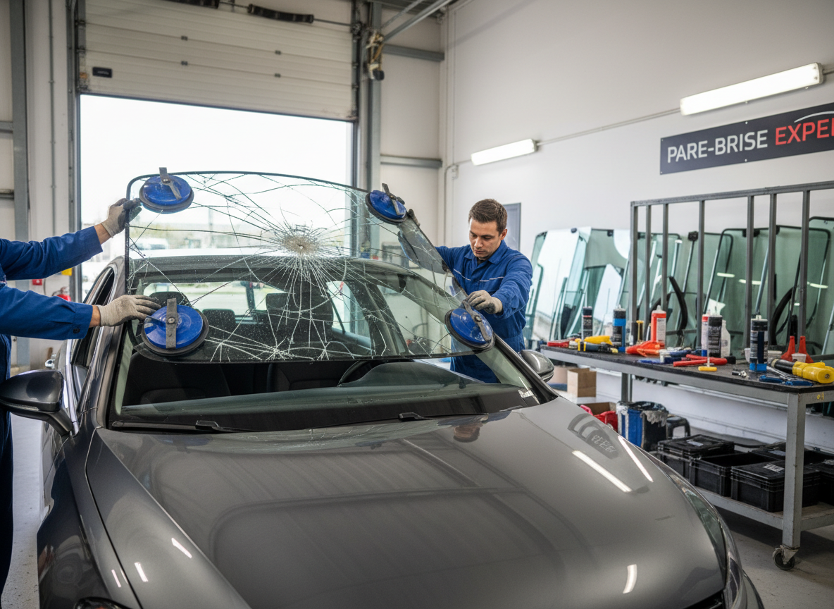 A cracked windshield on a dark-colored compact car being prepared for replacement, with the old glass already loosened and carefully lifted away from the frame, leaving a clean opening. The car is inside a tidy workshop bay equipped with windscreen racks, sealant tubes, and suction cup tools neatly arranged on a side workbench. Bright but soft workshop lighting combined with natural light from an open industrial door create clear visibility without harsh glare on the glass. The atmosphere is trustworthy and efficient. Photographic realism, shot from a slightly elevated front angle, with sharp focus on the windshield frame and tools, and a gentle background blur to suggest professional pare-brise service.