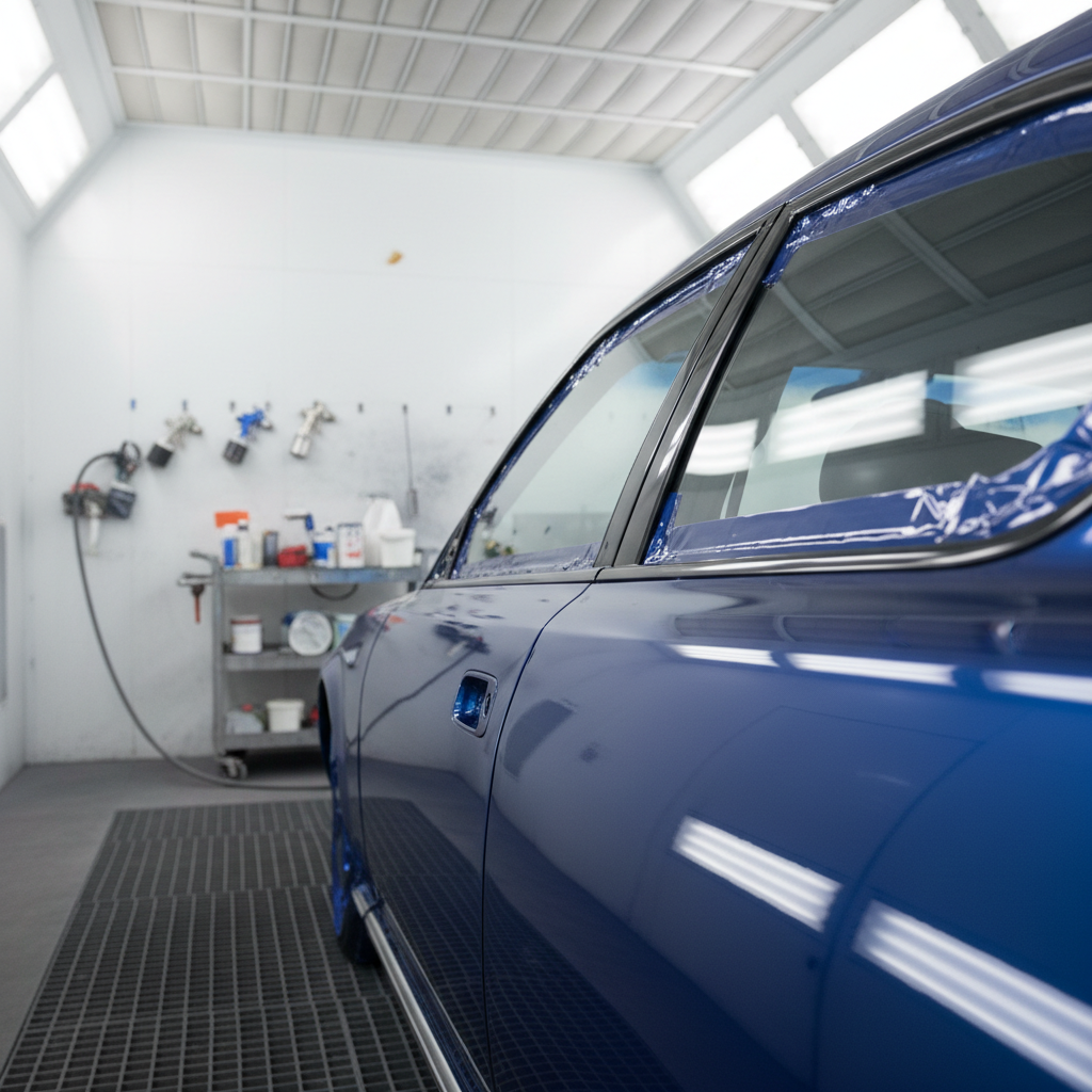 A close-up view of a glossy deep-blue car door and front fender freshly repainted, showing a mirror-smooth surface with no imperfections, masking tape removed and clean edges around the trim. The car is positioned in a bright, ventilated spray booth with white walls and a grated metal floor. Intense yet diffused overhead lighting panels create clean reflections and subtle gradients across the paint, highlighting the quality of the finish. The mood is meticulous and technical. Photographic realism, captured from a slightly low side angle with shallow depth of field, the focus locked on the impeccable paint surface while spray guns and paint mixing equipment appear softly blurred in the background.